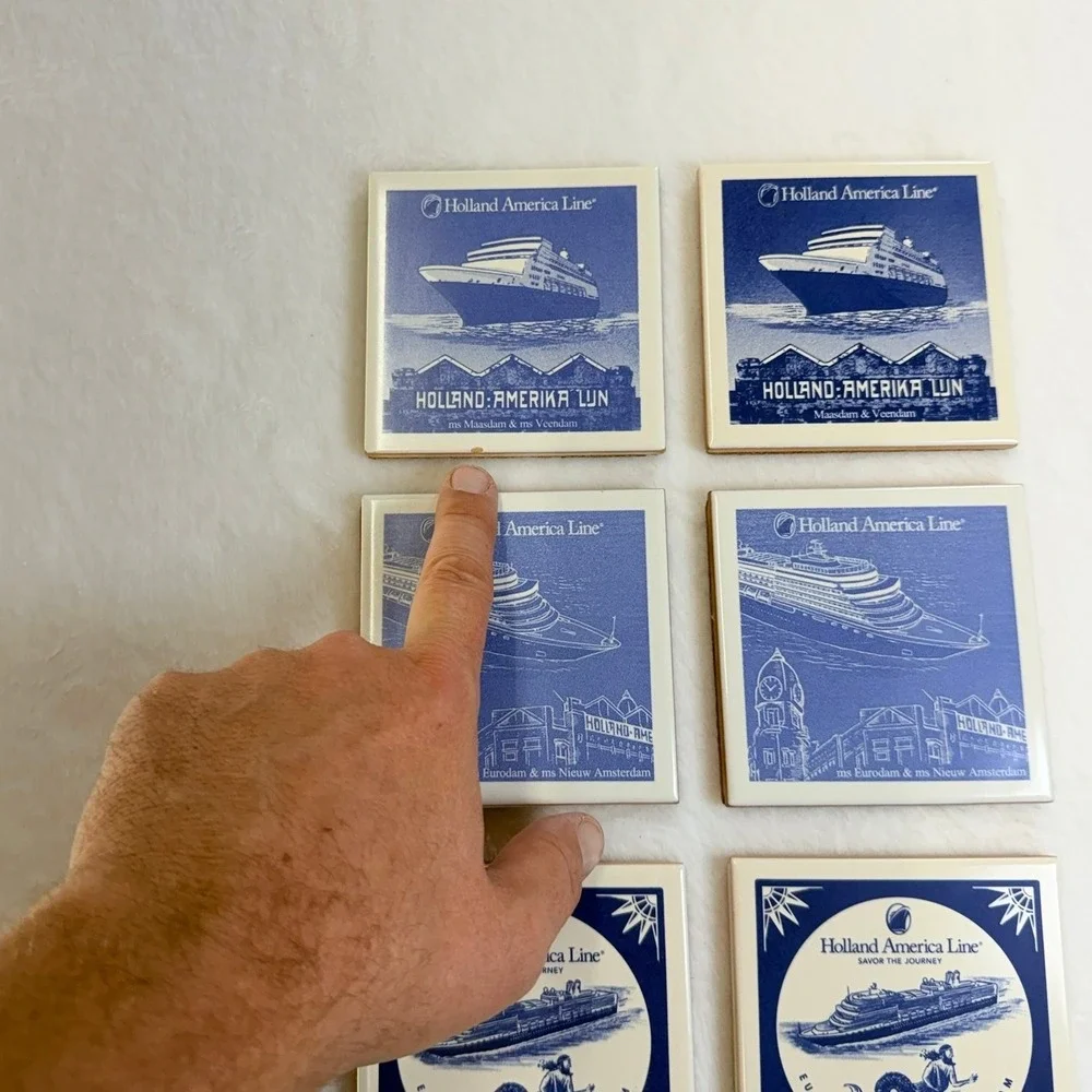 Holland America Line Ceramic Coaster Set of 6 Blue White Nautical Cruise‎ Ships